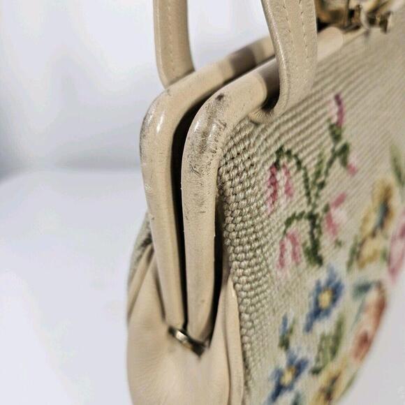 Vintage 1950's Mid Century Needlepoint Floral Purse Handbag Pocket Beige - Picture 5 of 13